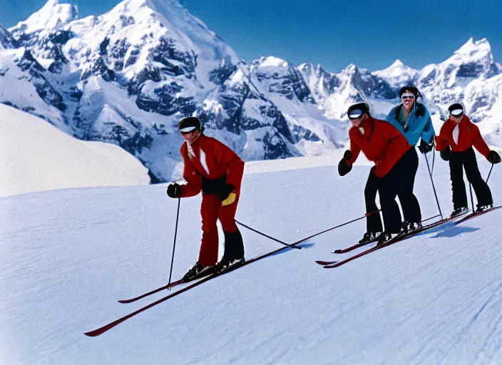 Image similar to a 3 5 mm kodachrome photo of people skiing in the swiss alps in the 1 9 5 0's, bokeh, canon 5 0 mm, cinematic lighting, film, photography, golden hour, depth of field, award - winning