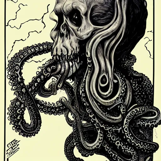 Image similar to grim reaper with tentacles growing from his face, lovecraft, fantasy