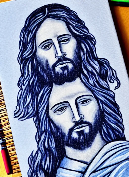 Image similar to painting of jesus drawn with blue pen on checkered notebook sheets,