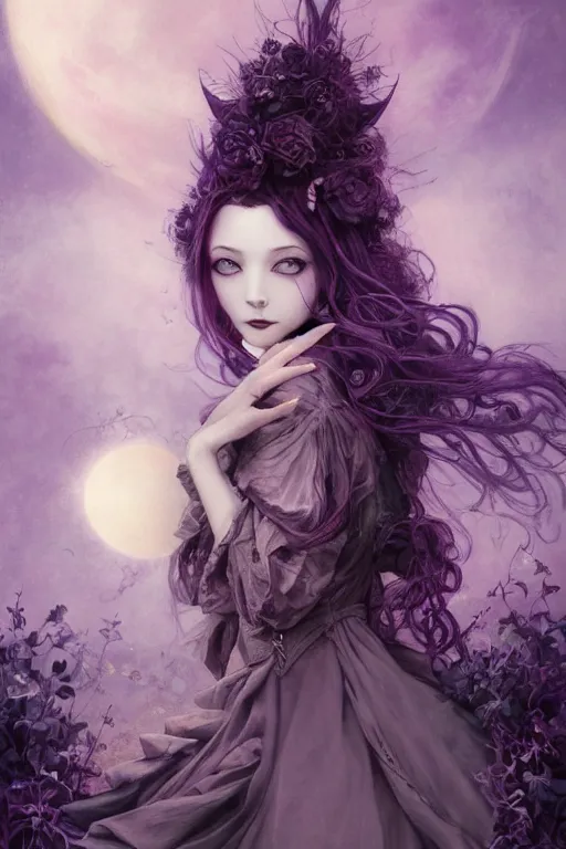 Image similar to breathtakingly beautiful painting of an elegant Gothic Lolita woman, beautiful hair, symmetrical face, moonlit purple sky, matte painting by brian froud, Shaun Tan , WLO and Peter Mohrbacher, highly detailed, intricate, ,award winning artwork, trending on artstation, high quality printing, fine art with subtle redshift rendering