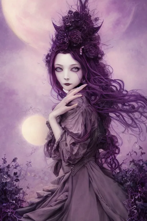 Prompt: breathtakingly beautiful painting of an elegant Gothic Lolita woman, beautiful hair, symmetrical face, moonlit purple sky, matte painting by brian froud, Shaun Tan , WLO and Peter Mohrbacher, highly detailed, intricate, ,award winning artwork, trending on artstation, high quality printing, fine art with subtle redshift rendering