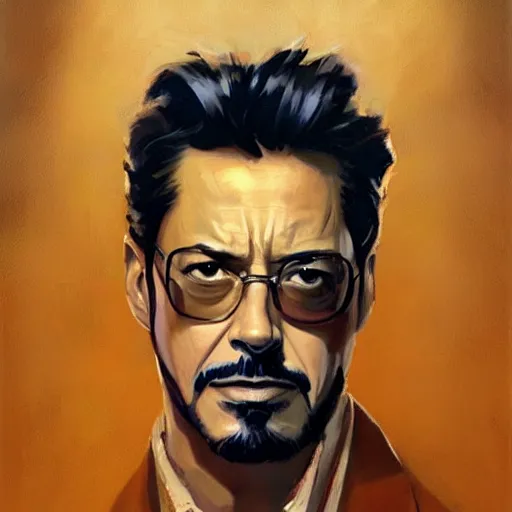 Prompt: greg manchess portrait painting of tony stark in a golden frame, medium shot, asymmetrical, profile picture, organic painting, sunny day, matte painting, bold shapes, hard edges, street art, trending on artstation, by huang guangjian and gil elvgren and sachin teng