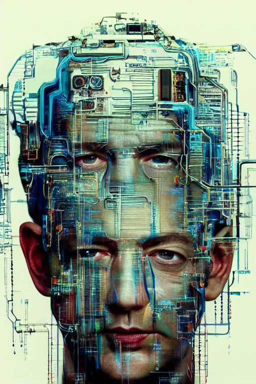 Prompt: portrait of computer & circuits, melting, jeff bezos, 8 k, by tristan eaton, stanley artgermm, tom bagshaw, greg rutkowski, carne griffiths, ayami kojima, beksinski, giger, trending on deviantart, face enhance, hyper detailed, minimalist, cybernetic, android, blade runner, full of colour, super detailed