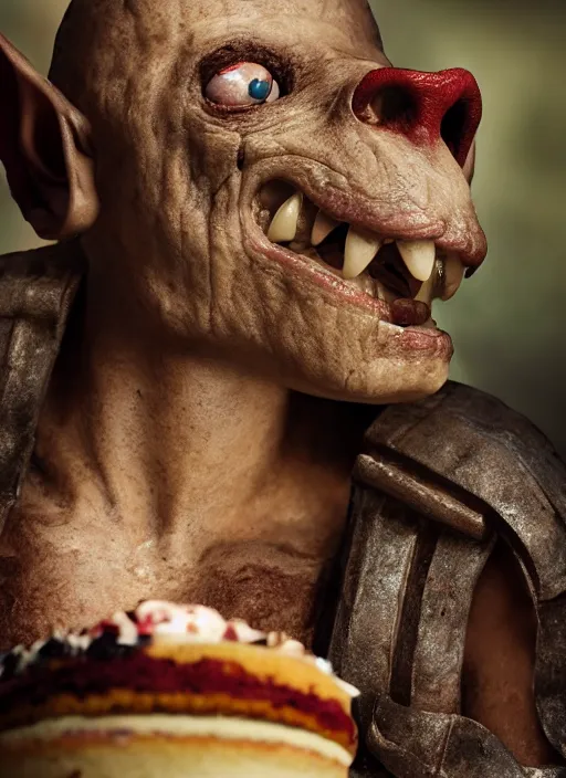 Prompt: closeup profile face portrait of a medieval goblin eating cakes in the cloisters, depth of field, zeiss lens, detailed, symmetrical, centered, fashion photoshoot, by borsch, giger, breathtaking, 8 k resolution, extremely detailed, beautiful, establishing shot, artistic, hyperrealistic, beautiful face, octane render