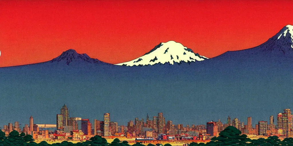 Image similar to skyline of a large metropolis, mount rainier looming in the background, acid and dreaming psychedelic hallucinations, by kawase hasui, moebius and edward hopper, hd, 8 k, artstation, sharp focus, smooth, masterpiece