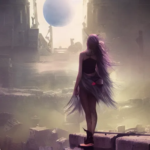 Prompt: A beautiful picture of a suicidal girl against the background of ruins of a destroyed city and a yellow -red moon, artstation, extremely detailed, stunning volumetric lighting, hyper realism, fantasy 4k