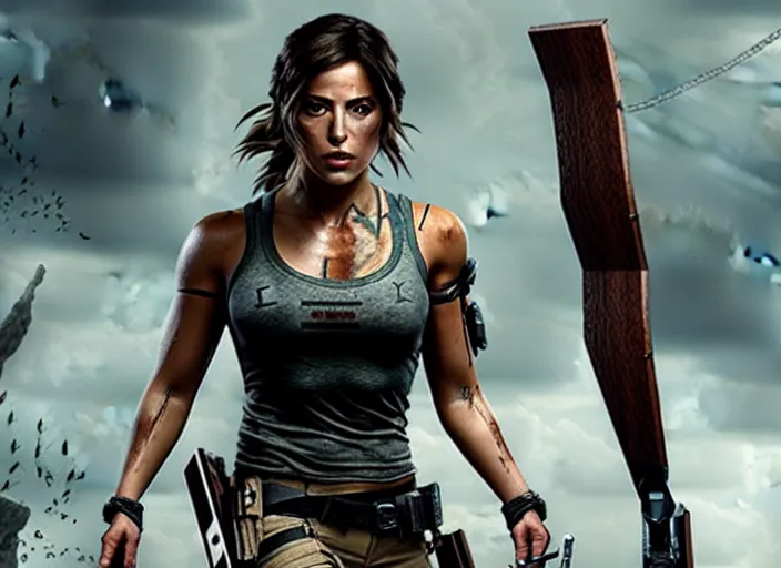 Image similar to film still of!!!! chloe bennett!!! as lara croft in new tomb raider movie, 8 k