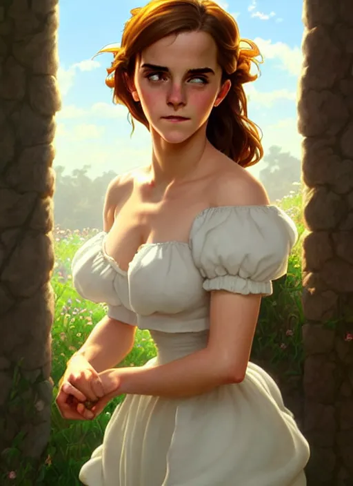 Image similar to cute buxom emma watson milkmaid, natural lighting, path traced, highly detailed, high quality, digital painting, by don bluth and ross tran and studio ghibli and alphonse mucha, artgerm
