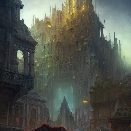 Image similar to the steps of a a crumbling stone temple in the middle of a bustling city, huge crowd on the street, fantasy, marc simonetti, anato finnstark, randy vargas, diego gisbert llorens, bayard wu, fantasy concept art, trending on artstation, 4k
