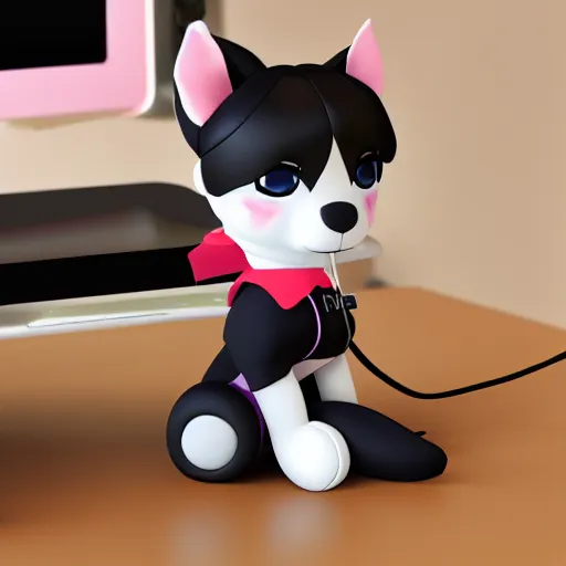 Image similar to cute fumo plush of a dog girl typing on a phone, anime girl, vray