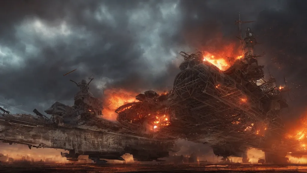 Image similar to an immense steampunk aircraft carrier crashed and burning in a field, thick black smoke billowing, turbulent storm clouds, dystopian, sharp focus, octane render, imax