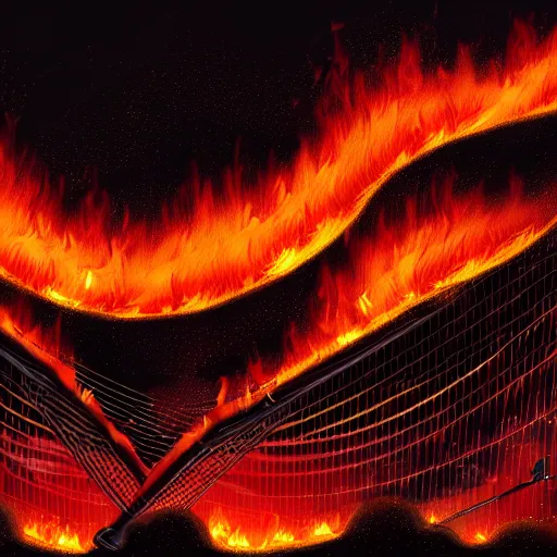 Image similar to in the lower part of the picture is the harp burning in the fire, above are cranes flying in flames, digital painting, concept art