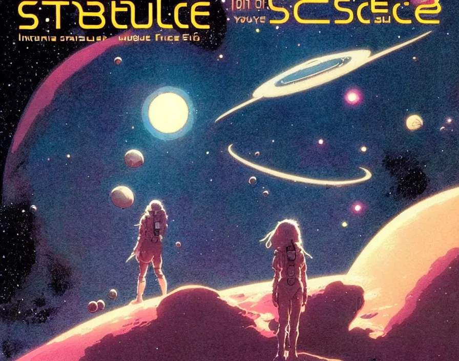 Image similar to illustrated by moebius and greg rutkowski, romantic!!! space scene!! with standing young girl!!!!, orbit of earth!, futuristic orbital station!!!!, nebulae!!, starry sky!!, rule of third!!!!, vintage cover of sci - fi magazine, cinematic!!