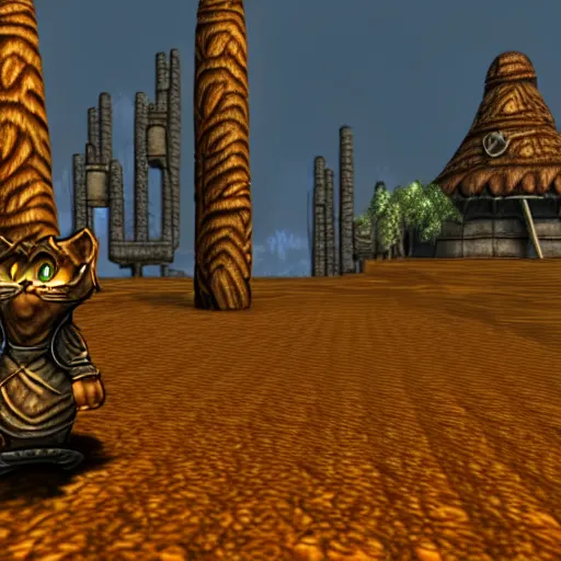 Image similar to garfield in morrowind, retro 3 d graphics, video game screenshot, pc game, elder scrolls