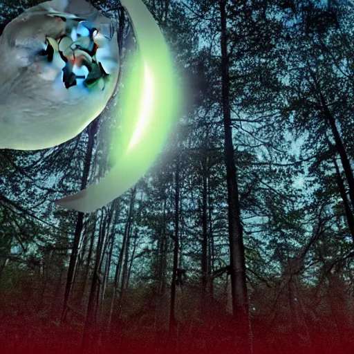 Image similar to oval shaped ufo with ethereal glow, hovering over a forest, large moon, night time, bigfoot