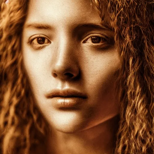 Prompt: gentle face with hair over the eye and strong sunlight going trough the hair, photorealistic digital art in warm colors and photography lightening, rembrandt eyes definition