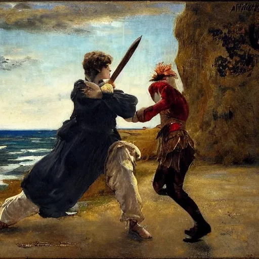 Image similar to a woman fighting a monster by alfred stevens