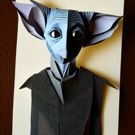 Image similar to cut paper sculpture of dobby the house elf