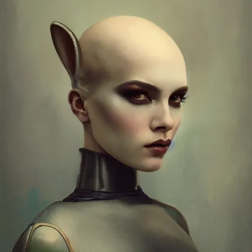 Image similar to ilya kuvshinov tom bagshaw, curiosities carnival, soft paint of a single bald beautiful female in a full steampunk armor, rabbit - ear helm, symmetry accurate features, focus, very intricate ultrafine details, award winning masterpiece