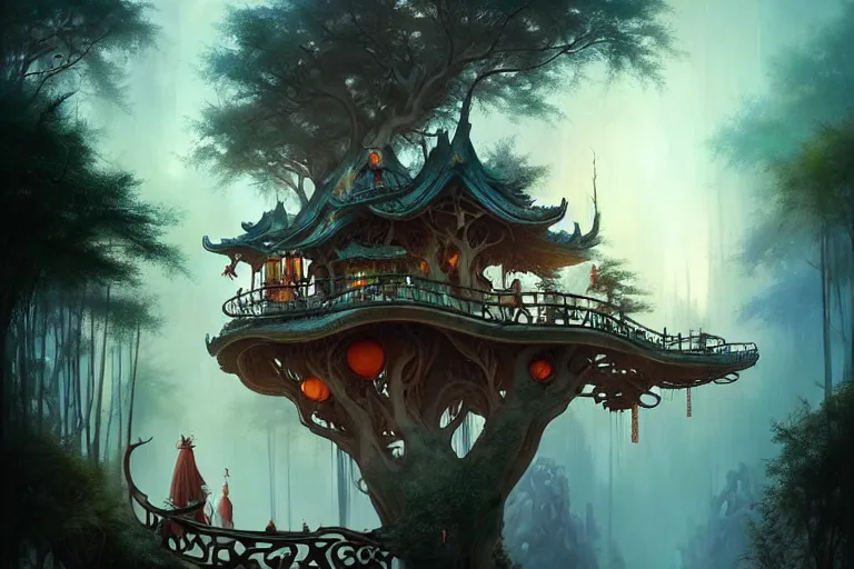 Image similar to treehouse from gaudi in a deep mystical forest , floating chinese lampoons, circular lake, waterfall, tall people walking and discussing, dynamic lighting, art by peter mohrbacher on artstation, night mood