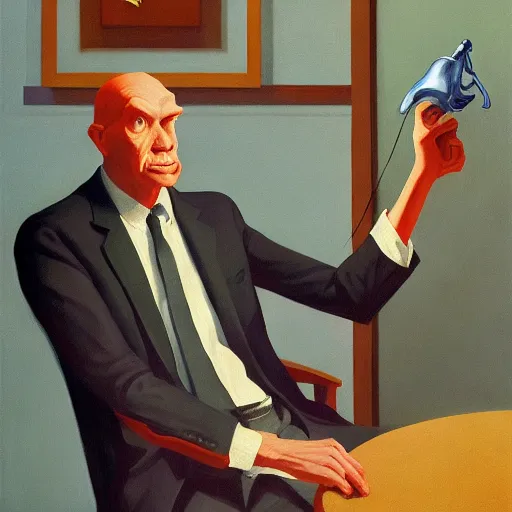 Prompt: Portrait of mr. Fish wearing a business suit , very coherent, painted by Edward Hopper, Wayne Barlowe, painted by James Gilleard, airbrush, art by JamesJean