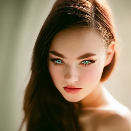 Image similar to professional studio portrait of a very beautiful young woman with gorgeous eyes, high cheek bones, flowing hair, lens flare, glow filter, dramatic lighting, cinematic, 5 0 mm f 1. 4 fuji 4 0 0 h