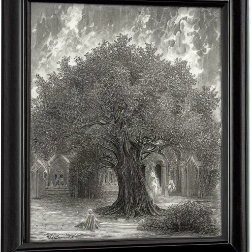 Prompt: roof piercing tree in a chapel, chanting monks, romanticism, by gustave dore, highly detailed