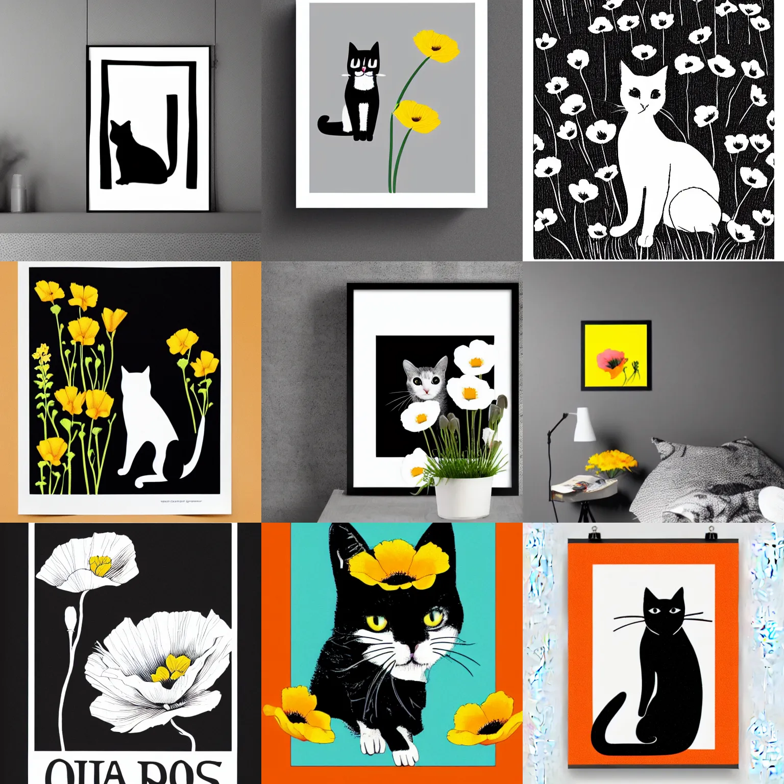 Prompt: black and white minimalist risograph poster of a cat sitting in california poppies