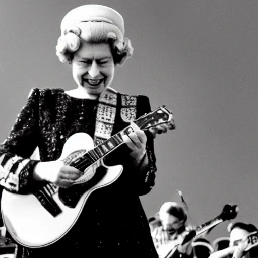 Image similar to Queen Elizabeth II rocking out on guitar, on stage at Coachella, performing a solo for the adoring crowd, photorealism