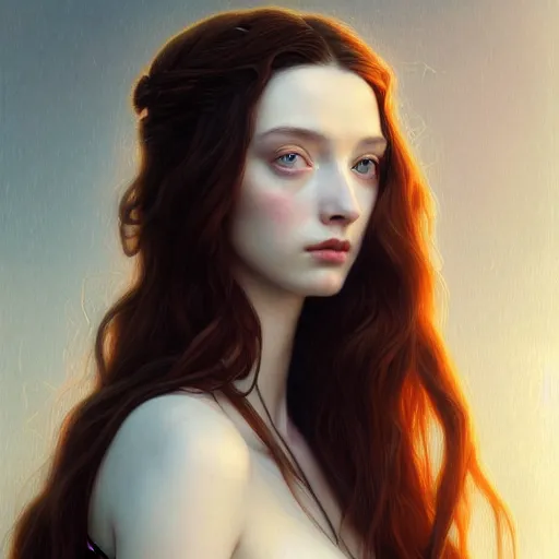 Image similar to striking Pre-Raphaelite Emma Dumont by Artgerm and Greg Rutkowski, intricate, elegant, highly detailed, digital painting, pale