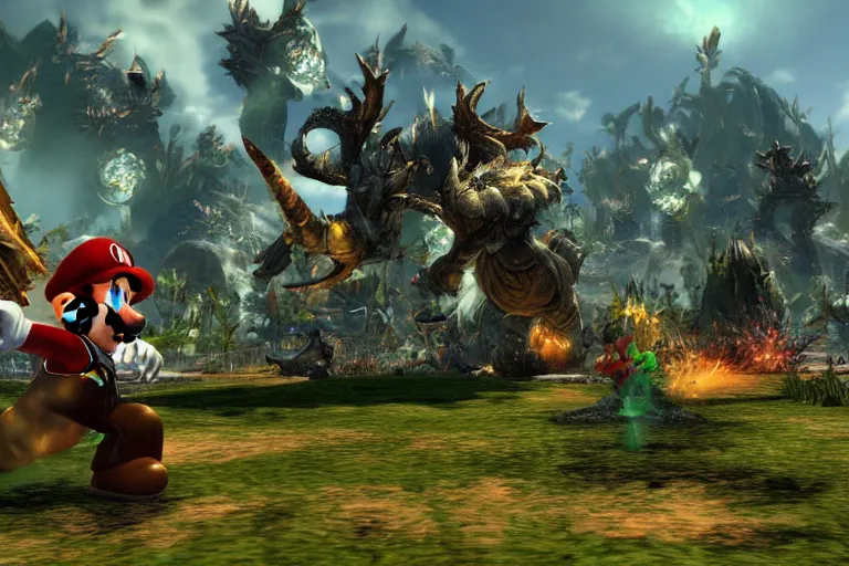 Image similar to Mario in the world of Guild Wars 2, game graphics, highly detailed