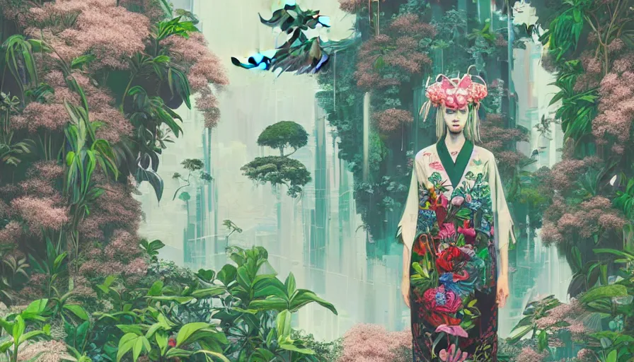 Image similar to a digital painting of a woman wearing gucci exploring a magical japanese temple, lush plants and flowers, eco - cyberpunk art by james jean, cgsociety, retrofuturism, anime aesthetic, chromatic, iridescent, uhd