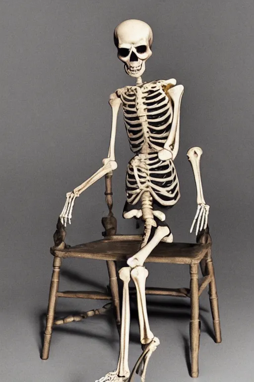 Prompt: The skeleton sits on a chair, in the style of Vince Locke