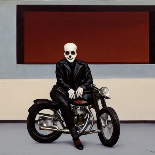 Prompt: a portrait of a man in a patent leather jacket, his head is a skull with his brain sticking out, he is sitting on top of a motorcycle, 4k, in the style of Edward Hopper,