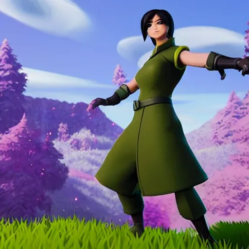 Image similar to toph beifong in fortnite closing her eyes, character render, full body shot, highly detailed, in game render