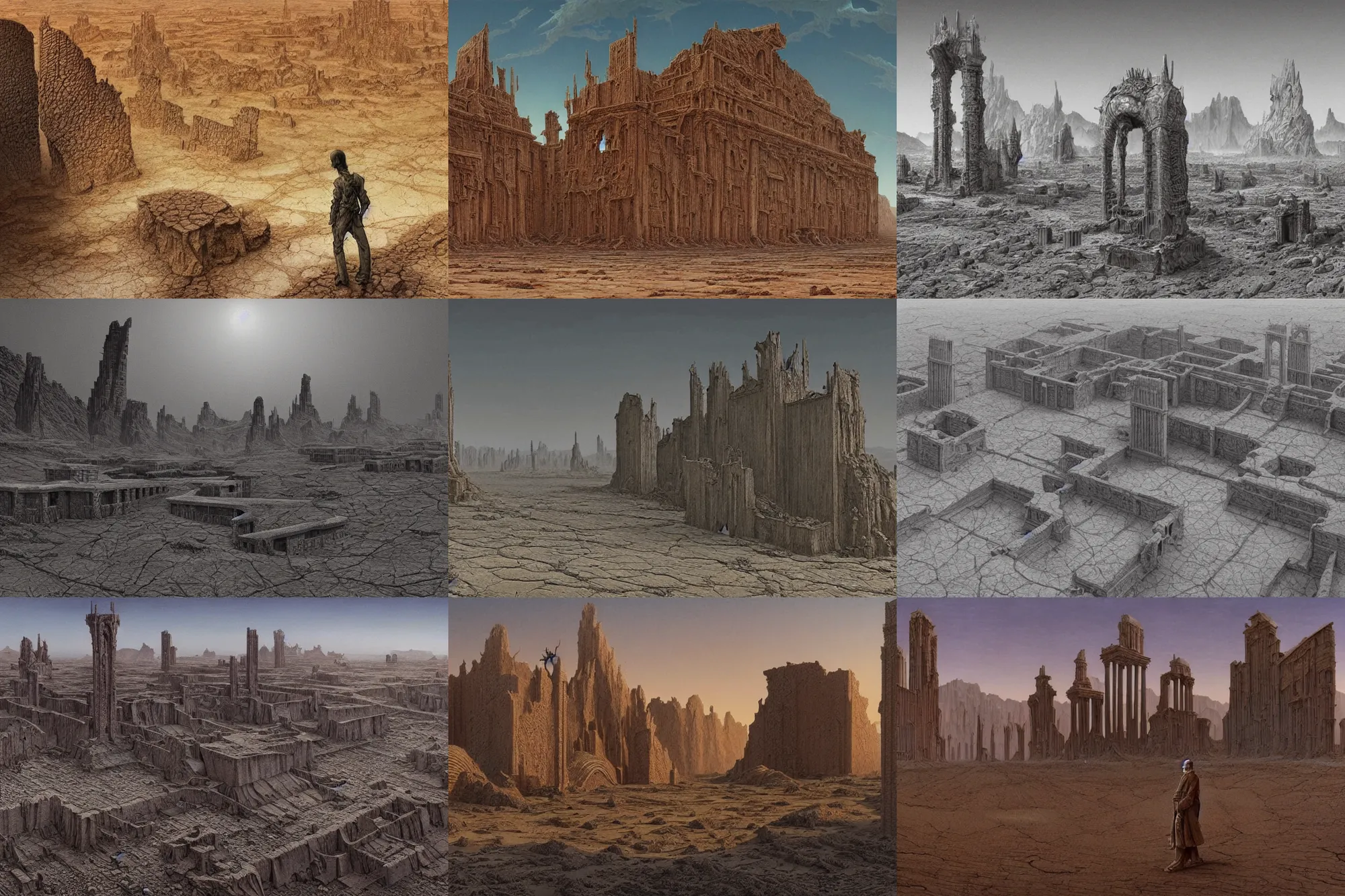 Prompt: intricate, 3 d, endless wastes vast desert abandoned buildings, style by caspar david friedrich and wayne barlowe and ted nasmith