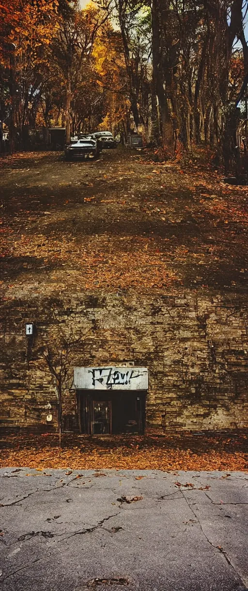 Image similar to “photography of an abandoned cafe in a parking lot autumn forest realistic detailed cinema camera detail cracked pavement wide angle”