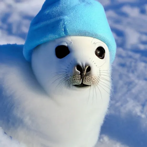 Prompt: photorealistic hd white fluffy baby harpy seal wearing a light blue winter hat, snowy, cold, arctic tundra, adorable