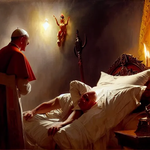 Image similar to the pope is in his bed, nervous and terrified, because a double horned shadow demon from hell is attacking him. highly detailed painting by gaston bussiere, j. c. leyendecker, greg rutkowski, craig mullins 8 k