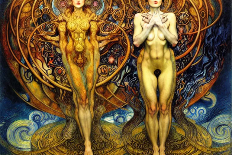 Image similar to Divine Chaos Engine by Karol Bak, Jean Delville, William Blake, Gustav Klimt, and Vincent Van Gogh, symbolist, visionary