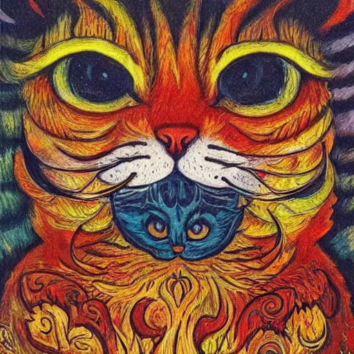 Prompt: a fire cat, louis wain,