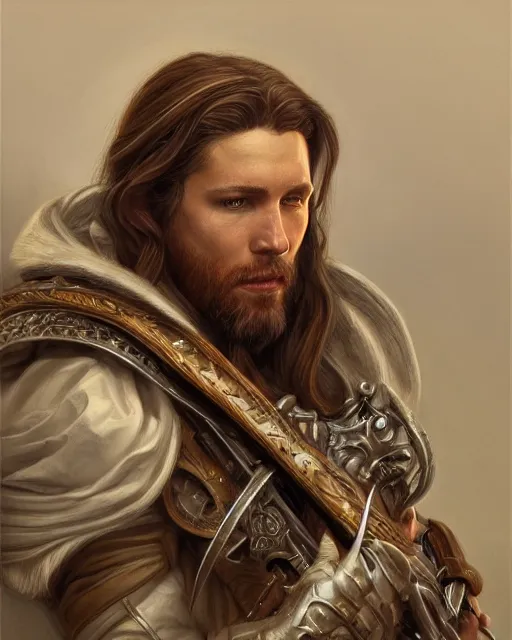 Prompt: white male rogue bard portrait, highly detailed, very intricate, symmetrical, cinematic lighting, closeup painted portrait, by donato giancola and mandy jurgens and magali villenueve, featured on artstation