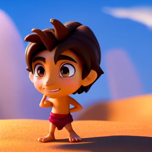 Image similar to a profile view of young aladdin as nendoroid walking in a desert in the croods movie style, 8 k, hd, dof, kodak film, volumetric lighting, subsurface scattering, photorealistic, octane render