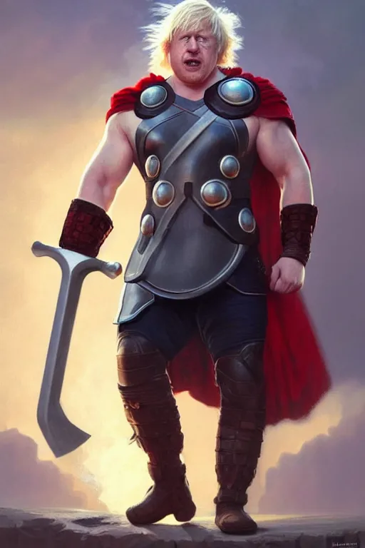 Image similar to Boris Johnson as Thor with Hammer, masculine bodybuilder figure, highly detailed, digital painting, artstation, concept art, smooth, sharp focus, illustration, cinematic lighting, art by artgerm and greg rutkowski and alphonse mucha