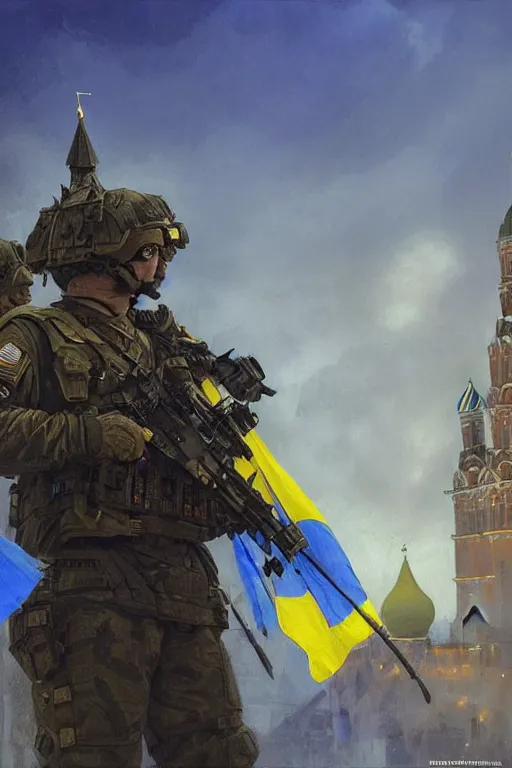 Image similar to special forces soldier raising ukrainian blue and yellow flag, kremlin st. basil cathedral in the background, masculine figure, d & d, fantasy, bright atmosphere, volumetric lights, intricate, elegant, extremely detailed, digital painting, artstation, concept art, matte, smooth, sharp focus, hyper realistic, illustration, art by artgerm and greg rutkowski and alphonse mucha