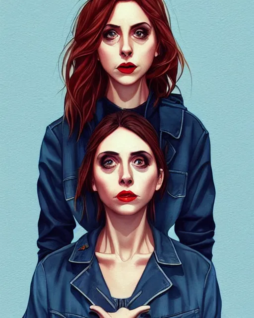 Image similar to loish, artgerm, Joshua Middleton art, Rafeal Albuquerque, pretty Alison Brie serial killer holding bloody knife in right hand realistic hand, blood on clothes and face, sarcastic smile, symmetrical eyes, symmetrical face, jean jacket, jeans, short blonde hair, middle shot, night time, deep blacks