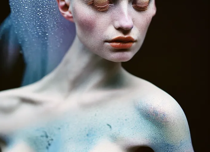 Prompt: cinestill 5 0 d photo portrait of a beautiful woman in style of tim walker by roberto ferri, body skin in part weird marble, hair is intricate liquid metal, 1 5 0 mm lens, f 1. 2, sharp focus, ethereal, emotionally evoking, head in focus, bokeh volumetric lighting, tonal colors outdoor