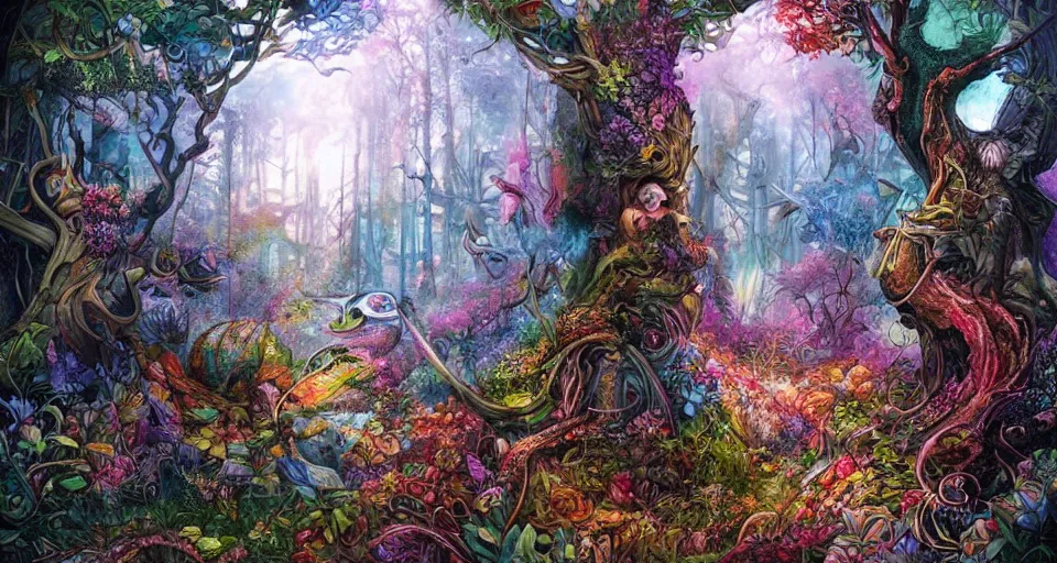 Prompt: Enchanted and magic forest, by Android jones,