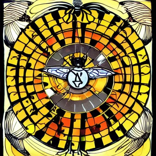 Image similar to a bloody spiritual ritual spell with a bumblebee at the middle of a bullseye, fantasy illustration, art nouveau