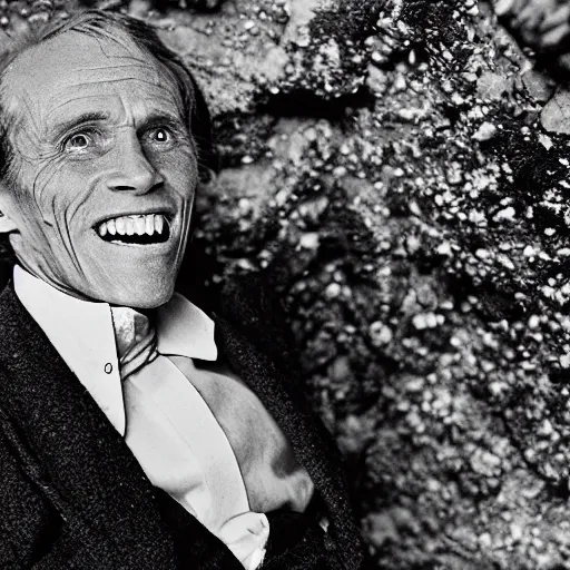 Image similar to black and white photo of william dafoe, encrusted with barnacles, laughing